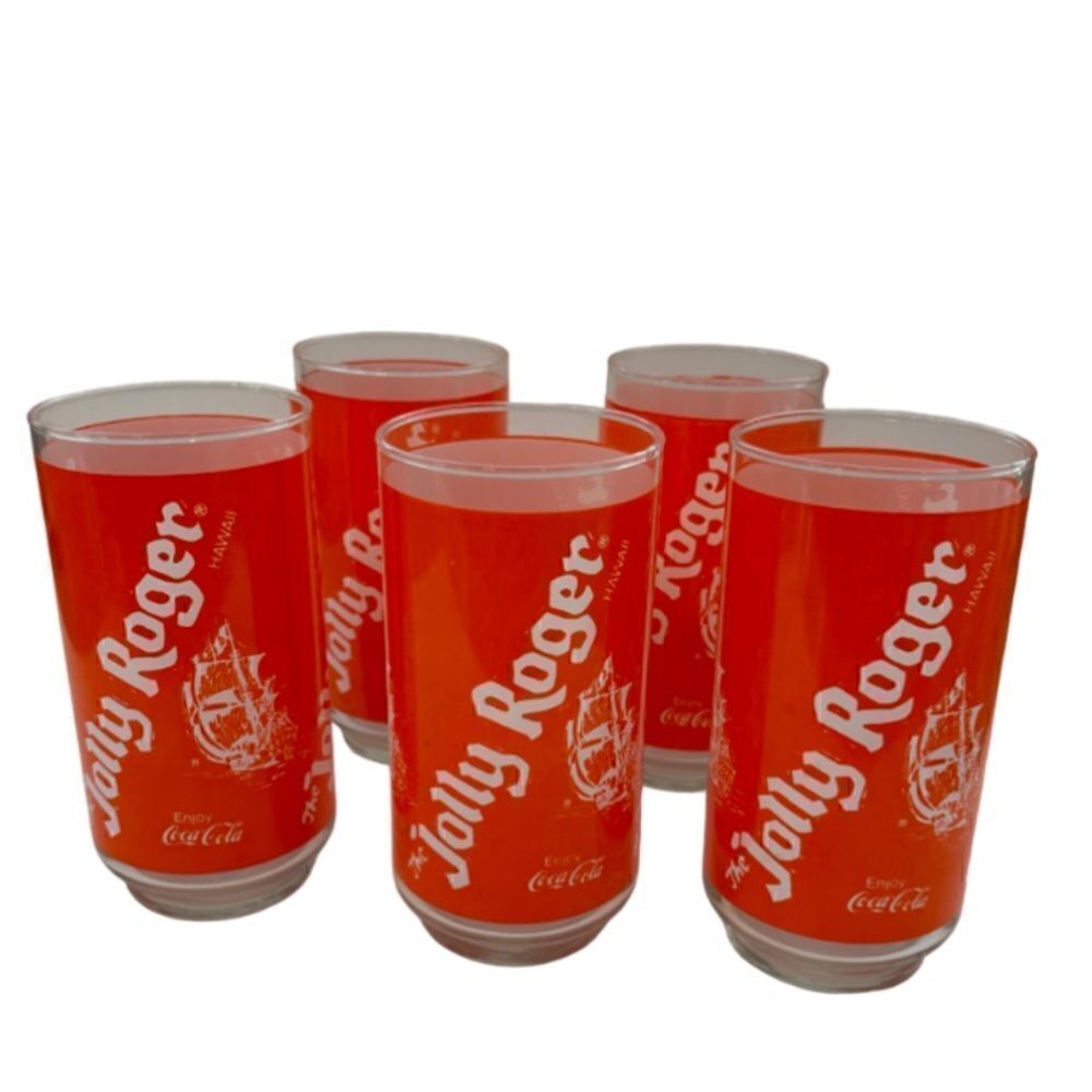 Vintage The Jolly Rodger Hawaii Restaurant Coca Cola Orange Souvenir 5 Glasses